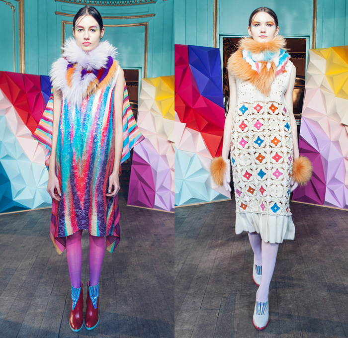 Tsumori Chisato 2016-2017 Fall Autumn Winter Womens Lookbook Presentation - Paris Fashion Week Mode à Paris France - Denim Jeans Diamonds Jacquard Beads Metallic Stones Doily Fringes Stars Hat Skirt Frock Embroidery Bedazzled Sequins Knit Sweater Jumper Turtleneck Wide Leg Trousers Furry Shaggy Outerwear Coat Stripes Pussycat Bow Blouse Tweed Bell Sleeves Stockings Zigzag Lace Flapper Dress Noodle Strap 1970s Seventies
