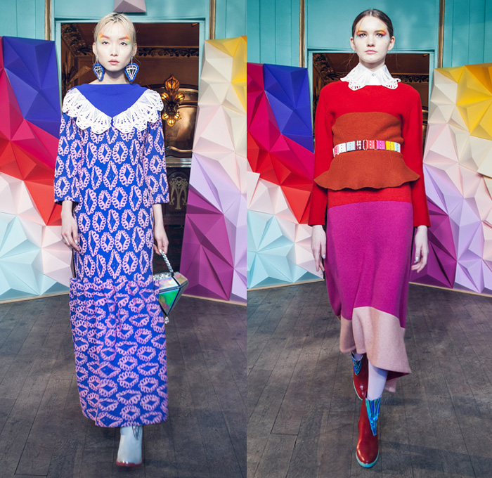 Tsumori Chisato 2016-2017 Fall Autumn Winter Womens Lookbook Presentation - Paris Fashion Week Mode à Paris France - Denim Jeans Diamonds Jacquard Beads Metallic Stones Doily Fringes Stars Hat Skirt Frock Embroidery Bedazzled Sequins Knit Sweater Jumper Turtleneck Wide Leg Trousers Furry Shaggy Outerwear Coat Stripes Pussycat Bow Blouse Tweed Bell Sleeves Stockings Zigzag Lace Flapper Dress Noodle Strap 1970s Seventies