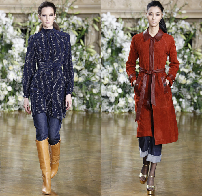 Vanessa Seward 2016-2017 Fall Autumn Winter Womens Runway Catwalk Collection Looks - Paris Fashion Week Mode à Paris France - Raw Denim Jeans Cargo Pockets Outerwear Trench Coat Blazer Jacket Silk Buttons Dress Furry Shearling Fanny Pack Waist Pouch Belt Bag Knee High Boots Onesie Jumpsuit Coveralls Metallic Satin Turtleneck Shirtdress Maxi Dress Pantsuit Culottes Sheer Bow Tie Stripes Sash Waist Scarf Handbag Toggle Closures