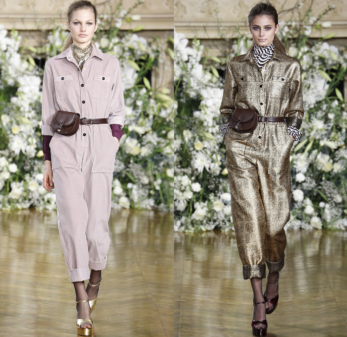 Vanessa Seward 2016-2017 Fall Autumn Winter Womens Runway Catwalk Collection Looks - Paris Fashion Week Mode à Paris France - Raw Denim Jeans Cargo Pockets Outerwear Trench Coat Blazer Jacket Silk Buttons Dress Furry Shearling Fanny Pack Waist Pouch Belt Bag Knee High Boots Onesie Jumpsuit Coveralls Metallic Satin Turtleneck Shirtdress Maxi Dress Pantsuit Culottes Sheer Bow Tie Stripes Sash Waist Scarf Handbag Toggle Closures