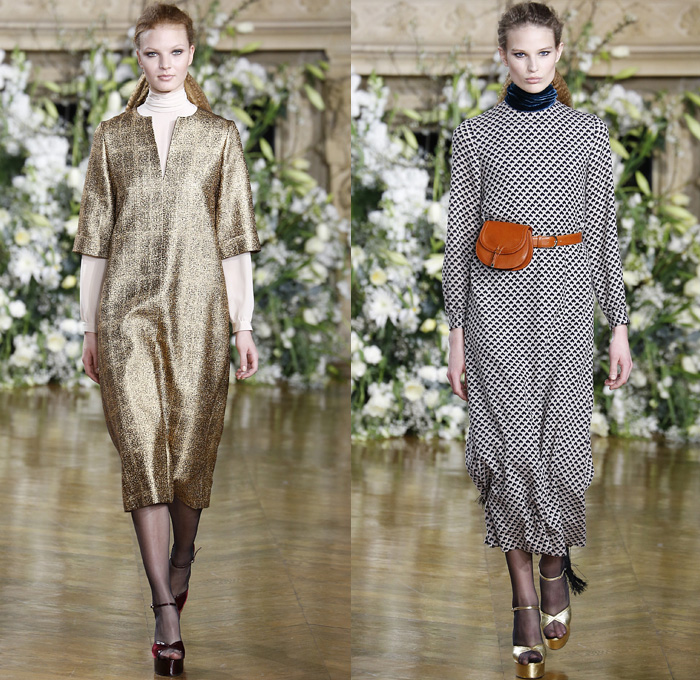 Vanessa Seward 2016-2017 Fall Autumn Winter Womens Runway Catwalk Collection Looks - Paris Fashion Week Mode à Paris France - Raw Denim Jeans Cargo Pockets Outerwear Trench Coat Blazer Jacket Silk Buttons Dress Furry Shearling Fanny Pack Waist Pouch Belt Bag Knee High Boots Onesie Jumpsuit Coveralls Metallic Satin Turtleneck Shirtdress Maxi Dress Pantsuit Culottes Sheer Bow Tie Stripes Sash Waist Scarf Handbag Toggle Closures