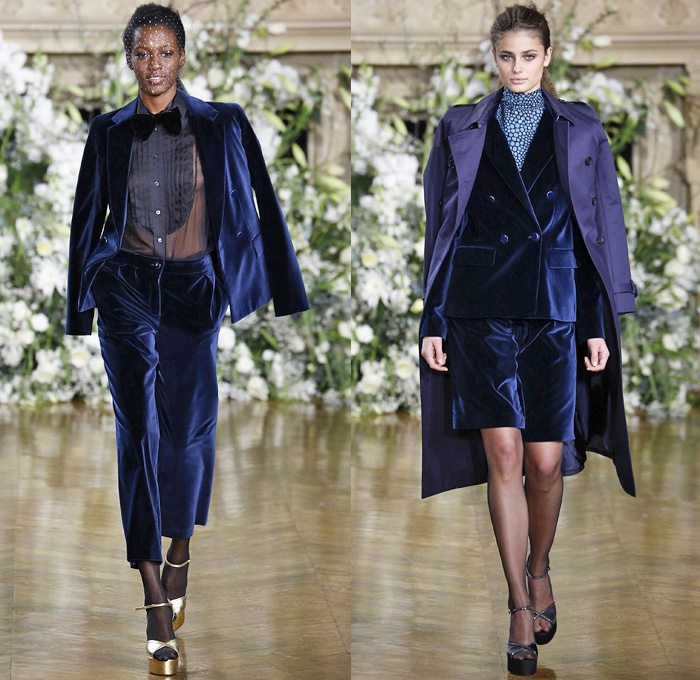 Vanessa Seward 2016-2017 Fall Autumn Winter Womens Runway Catwalk Collection Looks - Paris Fashion Week Mode à Paris France - Raw Denim Jeans Cargo Pockets Outerwear Trench Coat Blazer Jacket Silk Buttons Dress Furry Shearling Fanny Pack Waist Pouch Belt Bag Knee High Boots Onesie Jumpsuit Coveralls Metallic Satin Turtleneck Shirtdress Maxi Dress Pantsuit Culottes Sheer Bow Tie Stripes Sash Waist Scarf Handbag Toggle Closures
