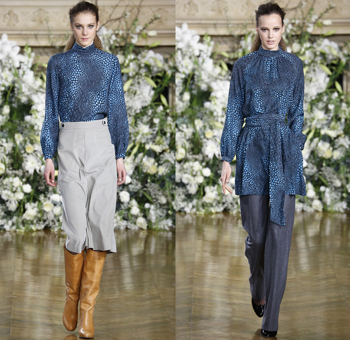 Vanessa Seward 2016-2017 Fall Autumn Winter Womens Runway Catwalk Collection Looks - Paris Fashion Week Mode à Paris France - Raw Denim Jeans Cargo Pockets Outerwear Trench Coat Blazer Jacket Silk Buttons Dress Furry Shearling Fanny Pack Waist Pouch Belt Bag Knee High Boots Onesie Jumpsuit Coveralls Metallic Satin Turtleneck Shirtdress Maxi Dress Pantsuit Culottes Sheer Bow Tie Stripes Sash Waist Scarf Handbag Toggle Closures