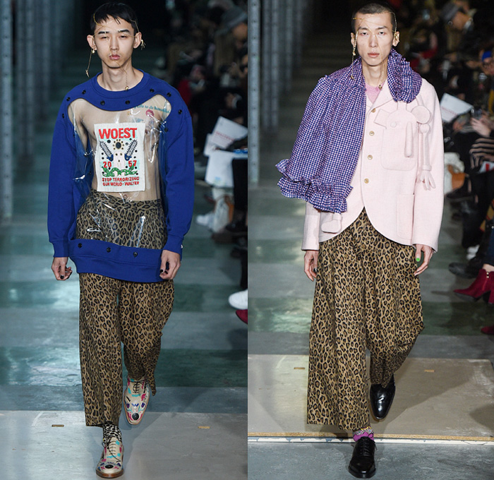 Walter Van Beirendonck 2016-2017 Fall Autumn Winter Mens Runway Catwalk Looks - Mode à Paris Fashion Week Mode Masculine France - Woest Plastic Denim Jeans Leopard Androgyny Knit Sweater Hand Legs Feet Face Oversized Outerwear Coat Wide Leg Trousers Decorative Art Polka Dots Silk Suit Bomber Jacket Embellishments Embroidery Jumpsuit Coveralls Boiler Suit Planes Leather Leggings Geometric Tribal Mask Ruffles Drapery