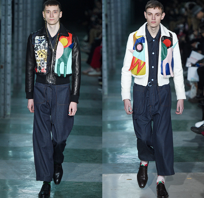 Walter Van Beirendonck 2016-2017 Fall Autumn Winter Mens Runway Catwalk Looks - Mode à Paris Fashion Week Mode Masculine France - Woest Plastic Denim Jeans Leopard Androgyny Knit Sweater Hand Legs Feet Face Oversized Outerwear Coat Wide Leg Trousers Decorative Art Polka Dots Silk Suit Bomber Jacket Embellishments Embroidery Jumpsuit Coveralls Boiler Suit Planes Leather Leggings Geometric Tribal Mask Ruffles Drapery