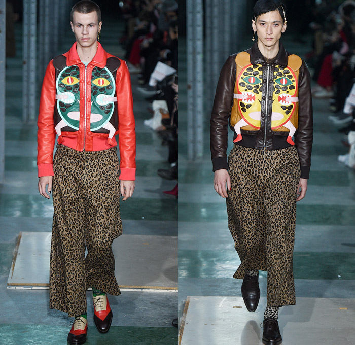 Walter Van Beirendonck 2016-2017 Fall Autumn Winter Mens Runway Catwalk Looks - Mode à Paris Fashion Week Mode Masculine France - Woest Plastic Denim Jeans Leopard Androgyny Knit Sweater Hand Legs Feet Face Oversized Outerwear Coat Wide Leg Trousers Decorative Art Polka Dots Silk Suit Bomber Jacket Embellishments Embroidery Jumpsuit Coveralls Boiler Suit Planes Leather Leggings Geometric Tribal Mask Ruffles Drapery