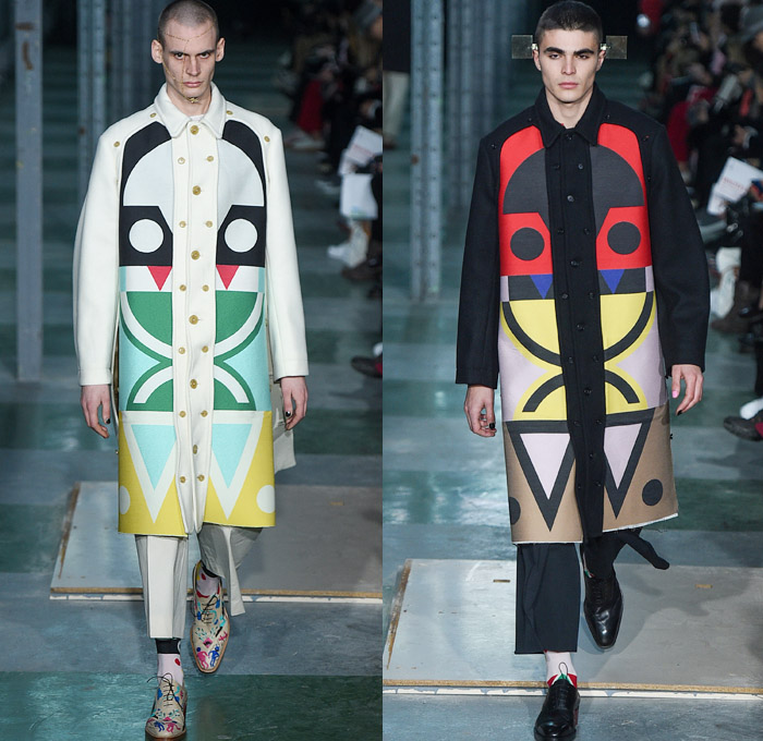 Walter Van Beirendonck 2016-2017 Fall Autumn Winter Mens Runway Catwalk Looks - Mode à Paris Fashion Week Mode Masculine France - Woest Plastic Denim Jeans Leopard Androgyny Knit Sweater Hand Legs Feet Face Oversized Outerwear Coat Wide Leg Trousers Decorative Art Polka Dots Silk Suit Bomber Jacket Embellishments Embroidery Jumpsuit Coveralls Boiler Suit Planes Leather Leggings Geometric Tribal Mask Ruffles Drapery