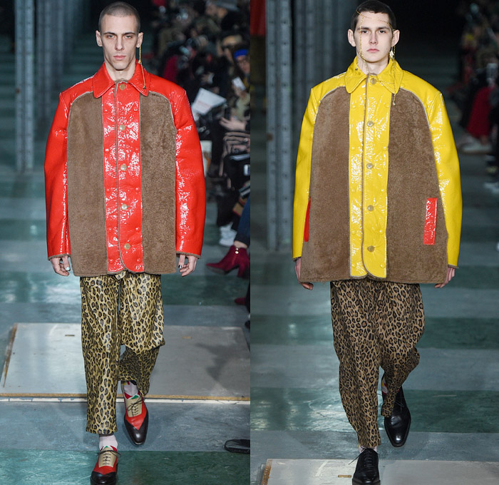 Walter Van Beirendonck 2016-2017 Fall Autumn Winter Mens Runway Catwalk Looks - Mode à Paris Fashion Week Mode Masculine France - Woest Plastic Denim Jeans Leopard Androgyny Knit Sweater Hand Legs Feet Face Oversized Outerwear Coat Wide Leg Trousers Decorative Art Polka Dots Silk Suit Bomber Jacket Embellishments Embroidery Jumpsuit Coveralls Boiler Suit Planes Leather Leggings Geometric Tribal Mask Ruffles Drapery