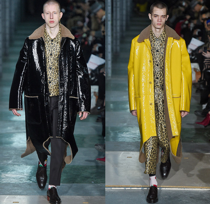 Walter Van Beirendonck 2016-2017 Fall Autumn Winter Mens Runway Catwalk Looks - Mode à Paris Fashion Week Mode Masculine France - Woest Plastic Denim Jeans Leopard Androgyny Knit Sweater Hand Legs Feet Face Oversized Outerwear Coat Wide Leg Trousers Decorative Art Polka Dots Silk Suit Bomber Jacket Embellishments Embroidery Jumpsuit Coveralls Boiler Suit Planes Leather Leggings Geometric Tribal Mask Ruffles Drapery