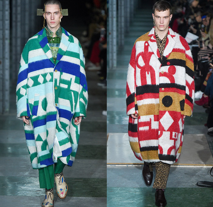 Walter Van Beirendonck 2016-2017 Fall Autumn Winter Mens Runway Catwalk Looks - Mode à Paris Fashion Week Mode Masculine France - Woest Plastic Denim Jeans Leopard Androgyny Knit Sweater Hand Legs Feet Face Oversized Outerwear Coat Wide Leg Trousers Decorative Art Polka Dots Silk Suit Bomber Jacket Embellishments Embroidery Jumpsuit Coveralls Boiler Suit Planes Leather Leggings Geometric Tribal Mask Ruffles Drapery