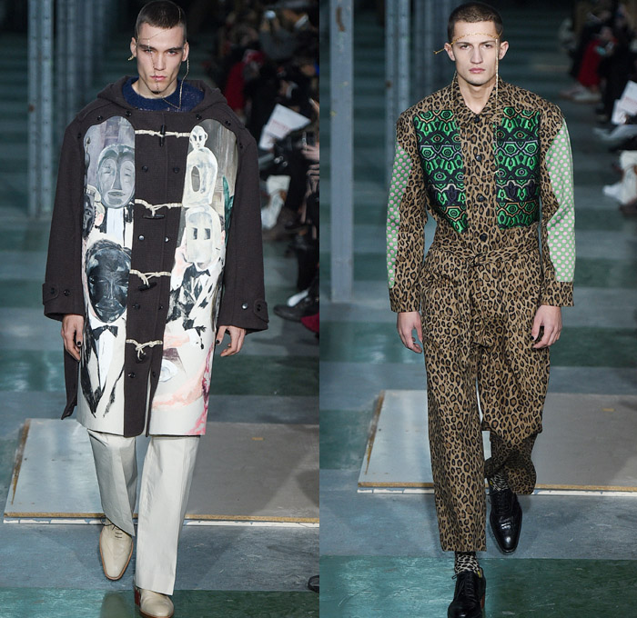 Walter Van Beirendonck 2016-2017 Fall Autumn Winter Mens Runway Catwalk Looks - Mode à Paris Fashion Week Mode Masculine France - Woest Plastic Denim Jeans Leopard Androgyny Knit Sweater Hand Legs Feet Face Oversized Outerwear Coat Wide Leg Trousers Decorative Art Polka Dots Silk Suit Bomber Jacket Embellishments Embroidery Jumpsuit Coveralls Boiler Suit Planes Leather Leggings Geometric Tribal Mask Ruffles Drapery