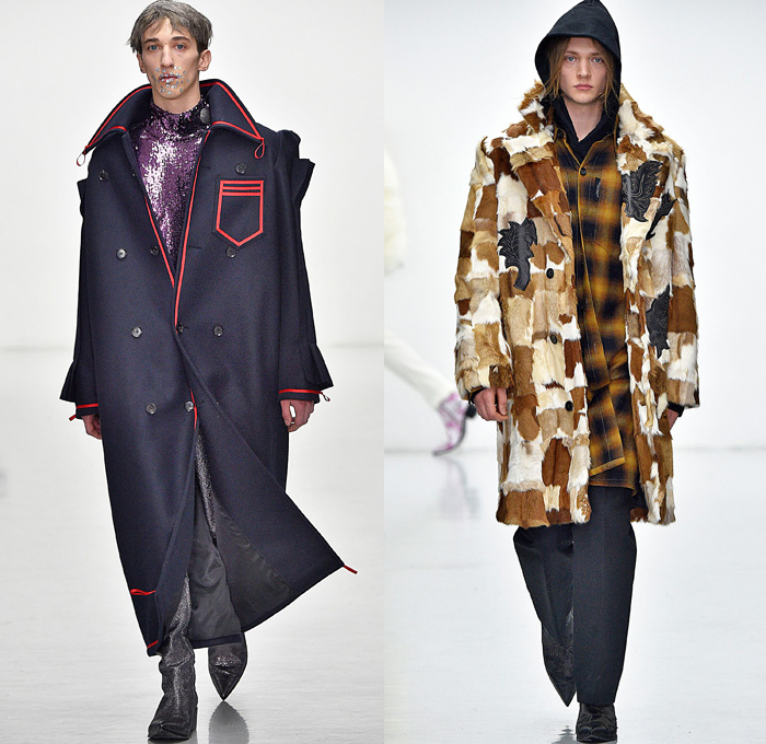 Xander Zhou 2016-2017 Fall Autumn Winter Mens Runway Catwalk Looks - London Collections: Men British Fashion Council UK United Kingdom - Corduroy Velvet Oversized Outerwear Trench Coat Overcoat Pointed Shoulders Furry Shaggy Plush Pants Trousers Patchwork Plaid Tartan Racing Check Strap Hoodie Metallic Silver Slim Chunky Knit Sweater Jumper Turtleneck Pinstripe Suit Blazer Jacket Emblem Zipper Bag Luggage Box