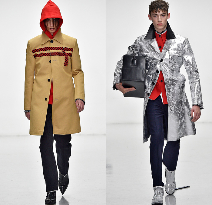 Xander Zhou 2016-2017 Fall Autumn Winter Mens Runway Catwalk Looks - London Collections: Men British Fashion Council UK United Kingdom - Corduroy Velvet Oversized Outerwear Trench Coat Overcoat Pointed Shoulders Furry Shaggy Plush Pants Trousers Patchwork Plaid Tartan Racing Check Strap Hoodie Metallic Silver Slim Chunky Knit Sweater Jumper Turtleneck Pinstripe Suit Blazer Jacket Emblem Zipper Bag Luggage Box