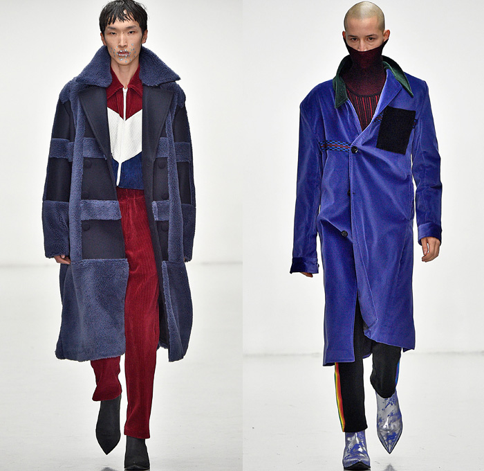 Xander Zhou 2016-2017 Fall Autumn Winter Mens Runway Catwalk Looks - London Collections: Men British Fashion Council UK United Kingdom - Corduroy Velvet Oversized Outerwear Trench Coat Overcoat Pointed Shoulders Furry Shaggy Plush Pants Trousers Patchwork Plaid Tartan Racing Check Strap Hoodie Metallic Silver Slim Chunky Knit Sweater Jumper Turtleneck Pinstripe Suit Blazer Jacket Emblem Zipper Bag Luggage Box