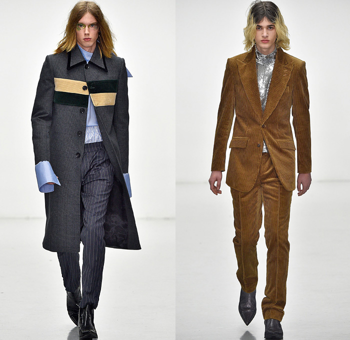 Xander Zhou 2016-2017 Fall Autumn Winter Mens Runway Catwalk Looks - London Collections: Men British Fashion Council UK United Kingdom - Corduroy Velvet Oversized Outerwear Trench Coat Overcoat Pointed Shoulders Furry Shaggy Plush Pants Trousers Patchwork Plaid Tartan Racing Check Strap Hoodie Metallic Silver Slim Chunky Knit Sweater Jumper Turtleneck Pinstripe Suit Blazer Jacket Emblem Zipper Bag Luggage Box