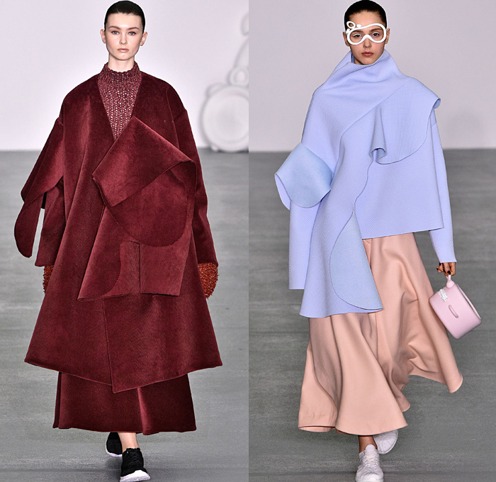 Xiao Li 2016-2017 Fall Autumn Winter Womens Runway Catwalk Collection Looks - London Fashion Week British Fashion Council UK United Kingdom - Oversized Peel Away Perforated Lasercut Chunky Knit Sweater Ribbed Turtleneck Corduroy Sleeveless Dress Arm Warmers Mittens Outerwear Coat Wide Lapel Drapery Skirt Frock Wide Leg Trousers Palazzo Pants Sheer Eyewear Furry Elongated Sleeves Wrap Mesh Asymmetrical Hem Handbag