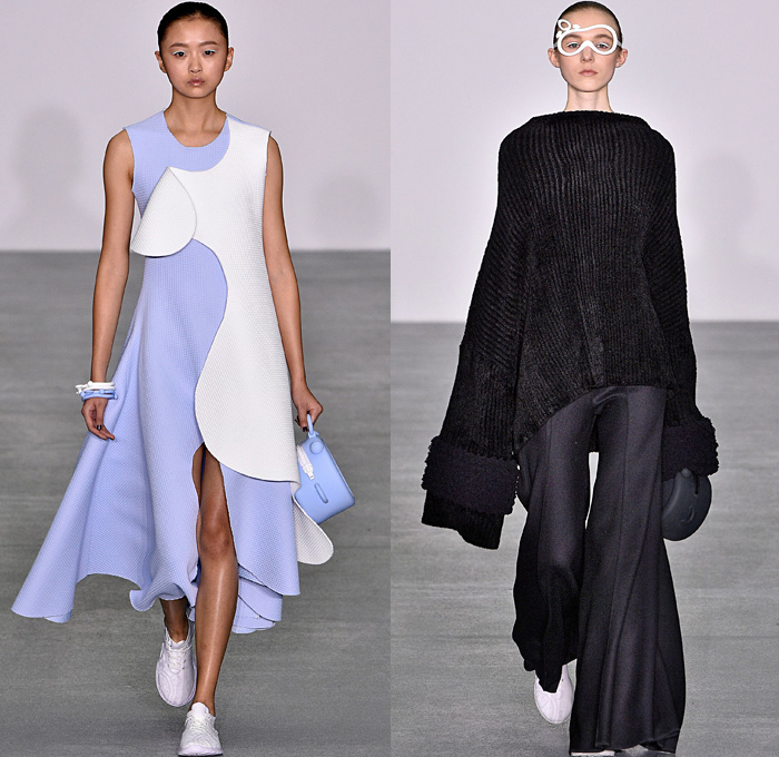 Xiao Li 2016-2017 Fall Autumn Winter Womens Runway Catwalk Collection Looks - London Fashion Week British Fashion Council UK United Kingdom - Oversized Peel Away Perforated Lasercut Chunky Knit Sweater Ribbed Turtleneck Corduroy Sleeveless Dress Arm Warmers Mittens Outerwear Coat Wide Lapel Drapery Skirt Frock Wide Leg Trousers Palazzo Pants Sheer Eyewear Furry Elongated Sleeves Wrap Mesh Asymmetrical Hem Handbag