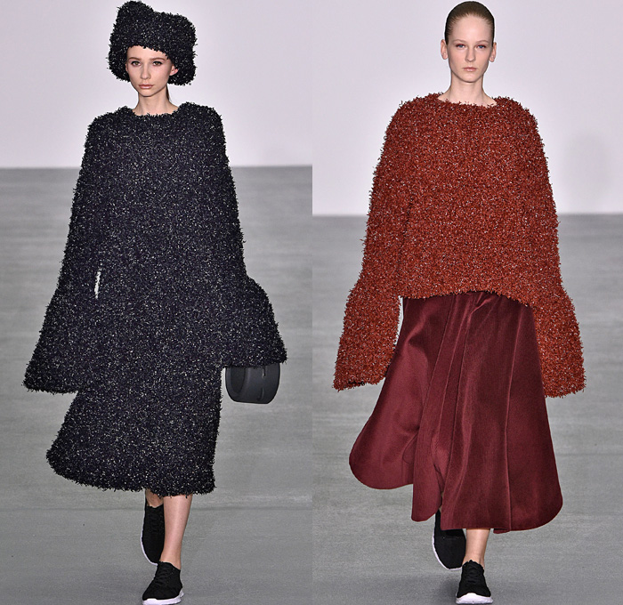 Xiao Li 2016-2017 Fall Autumn Winter Womens Runway Catwalk Collection Looks - London Fashion Week British Fashion Council UK United Kingdom - Oversized Peel Away Perforated Lasercut Chunky Knit Sweater Ribbed Turtleneck Corduroy Sleeveless Dress Arm Warmers Mittens Outerwear Coat Wide Lapel Drapery Skirt Frock Wide Leg Trousers Palazzo Pants Sheer Eyewear Furry Elongated Sleeves Wrap Mesh Asymmetrical Hem Handbag