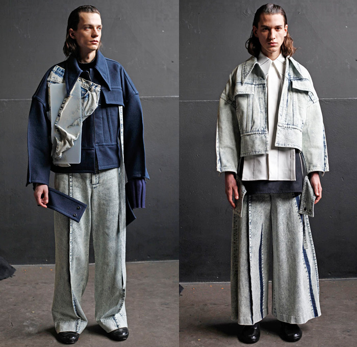 Ximon Lee 2016-2017 Fall Autumn Winter Mens Lookbook Presentation - Mode à Paris Fashion Week Mode Masculine France - Silicone Slabs Acid Wash Bleached Denim Jeans Oversized Outerwear Coat Organic Shape Deconstructed Cargo Pockets Stripes Wide Leg Trousers Palazzo Pants Baggy Loose Pinstripe Bag Tote Long Shirt White Vest Waistcoat Sleeveless Straps Strips Knit Ribbed Moto Motorcycle Biker Leather Suede Jacket