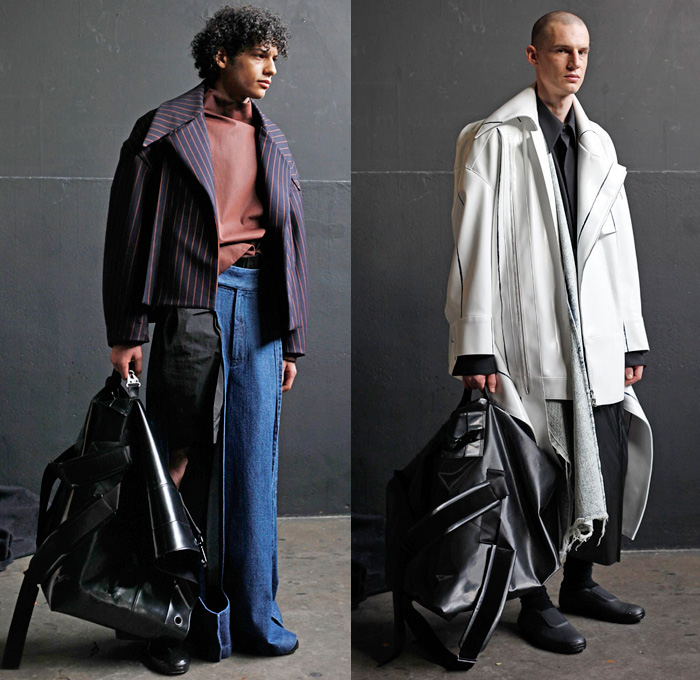 Ximon Lee 2016-2017 Fall Autumn Winter Mens Lookbook Presentation - Mode à Paris Fashion Week Mode Masculine France - Silicone Slabs Acid Wash Bleached Denim Jeans Oversized Outerwear Coat Organic Shape Deconstructed Cargo Pockets Stripes Wide Leg Trousers Palazzo Pants Baggy Loose Pinstripe Bag Tote Long Shirt White Vest Waistcoat Sleeveless Straps Strips Knit Ribbed Moto Motorcycle Biker Leather Suede Jacket