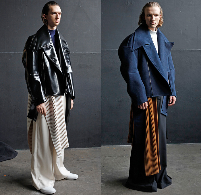 Ximon Lee 2016-2017 Fall Autumn Winter Mens Lookbook Presentation - Mode à Paris Fashion Week Mode Masculine France - Silicone Slabs Acid Wash Bleached Denim Jeans Oversized Outerwear Coat Organic Shape Deconstructed Cargo Pockets Stripes Wide Leg Trousers Palazzo Pants Baggy Loose Pinstripe Bag Tote Long Shirt White Vest Waistcoat Sleeveless Straps Strips Knit Ribbed Moto Motorcycle Biker Leather Suede Jacket