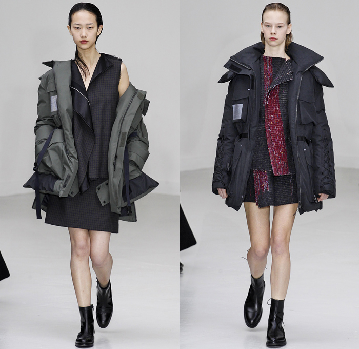 Yang Li 2016-2017 Fall Autumn Winter Womens Runway Catwalk Collection Looks - Paris Fashion Week Mode à Paris France - Cutout Rounded Balloon Shoulders Cocoon Outerwear Coat Parka Dress Velvet Frayed Raw Hem Cargo Pockets Peel Away Lapel Vest Waistcoat Buttons Houndstooth Check Multi-Panel Patchwork Chunky Knit Sweater Turtleneck Pantsuit Paper Bag Waist Furry Wool Silk Satin One Off Shoulder Gown Eveningwear Strapless