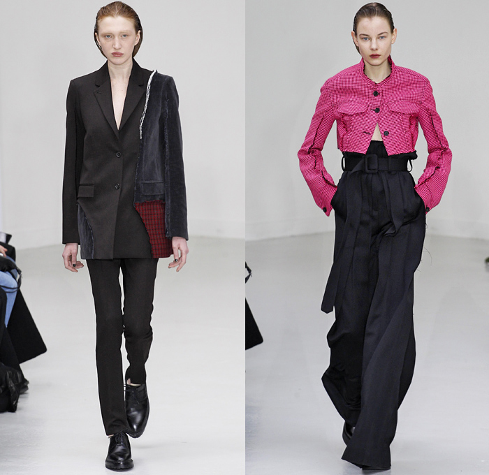 Yang Li 2016-2017 Fall Autumn Winter Womens Runway Catwalk Collection Looks - Paris Fashion Week Mode à Paris France - Cutout Rounded Balloon Shoulders Cocoon Outerwear Coat Parka Dress Velvet Frayed Raw Hem Cargo Pockets Peel Away Lapel Vest Waistcoat Buttons Houndstooth Check Multi-Panel Patchwork Chunky Knit Sweater Turtleneck Pantsuit Paper Bag Waist Furry Wool Silk Satin One Off Shoulder Gown Eveningwear Strapless