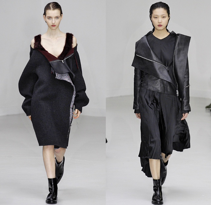 Yang Li 2016-2017 Fall Autumn Winter Womens Runway Catwalk Collection Looks - Paris Fashion Week Mode à Paris France - Cutout Rounded Balloon Shoulders Cocoon Outerwear Coat Parka Dress Velvet Frayed Raw Hem Cargo Pockets Peel Away Lapel Vest Waistcoat Buttons Houndstooth Check Multi-Panel Patchwork Chunky Knit Sweater Turtleneck Pantsuit Paper Bag Waist Furry Wool Silk Satin One Off Shoulder Gown Eveningwear Strapless