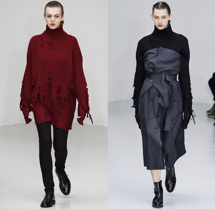 Yang Li 2016-2017 Fall Autumn Winter Womens Runway Catwalk Collection Looks - Paris Fashion Week Mode à Paris France - Cutout Rounded Balloon Shoulders Cocoon Outerwear Coat Parka Dress Velvet Frayed Raw Hem Cargo Pockets Peel Away Lapel Vest Waistcoat Buttons Houndstooth Check Multi-Panel Patchwork Chunky Knit Sweater Turtleneck Pantsuit Paper Bag Waist Furry Wool Silk Satin One Off Shoulder Gown Eveningwear Strapless