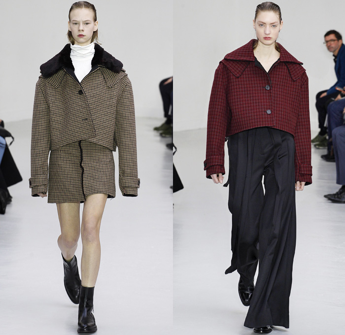 Yang Li 2016-2017 Fall Autumn Winter Womens Runway Catwalk Collection Looks - Paris Fashion Week Mode à Paris France - Cutout Rounded Balloon Shoulders Cocoon Outerwear Coat Parka Dress Velvet Frayed Raw Hem Cargo Pockets Peel Away Lapel Vest Waistcoat Buttons Houndstooth Check Multi-Panel Patchwork Chunky Knit Sweater Turtleneck Pantsuit Paper Bag Waist Furry Wool Silk Satin One Off Shoulder Gown Eveningwear Strapless