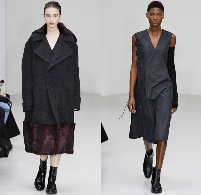 Yang Li 2016-2017 Fall Autumn Winter Womens Runway Catwalk Collection Looks - Paris Fashion Week Mode à Paris France - Cutout Rounded Balloon Shoulders Cocoon Outerwear Coat Parka Dress Velvet Frayed Raw Hem Cargo Pockets Peel Away Lapel Vest Waistcoat Buttons Houndstooth Check Multi-Panel Patchwork Chunky Knit Sweater Turtleneck Pantsuit Paper Bag Waist Furry Wool Silk Satin One Off Shoulder Gown Eveningwear Strapless