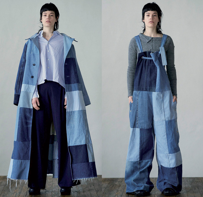 Y's Yohji Yamamoto 2016-2017 Fall Autumn Winter Womens Lookbook Presentation - Paris Fashion Week Mode à Paris France - Frayed Raw Hem Denim Jeans Patchwork Flowers Floral Russian Upholstery Jacquard Wide Leg Trousers Palazzo Pants Culottes Outerwear Trench Coat Blouse Long Sleeve Onesie Jumpsuit Coveralls Bib Brace Knit Sweater Jumper Boots Pinafore Dress Pantsuit Blazer Mesh