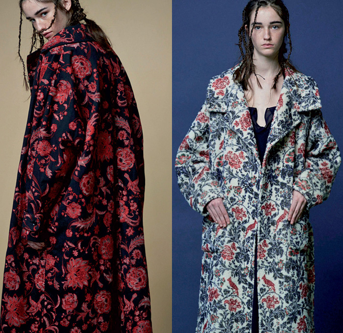 Y's Yohji Yamamoto 2016-2017 Fall Autumn Winter Womens Lookbook Presentation - Paris Fashion Week Mode à Paris France - Frayed Raw Hem Denim Jeans Patchwork Flowers Floral Russian Upholstery Jacquard Wide Leg Trousers Palazzo Pants Culottes Outerwear Trench Coat Blouse Long Sleeve Onesie Jumpsuit Coveralls Bib Brace Knit Sweater Jumper Boots Pinafore Dress Pantsuit Blazer Mesh