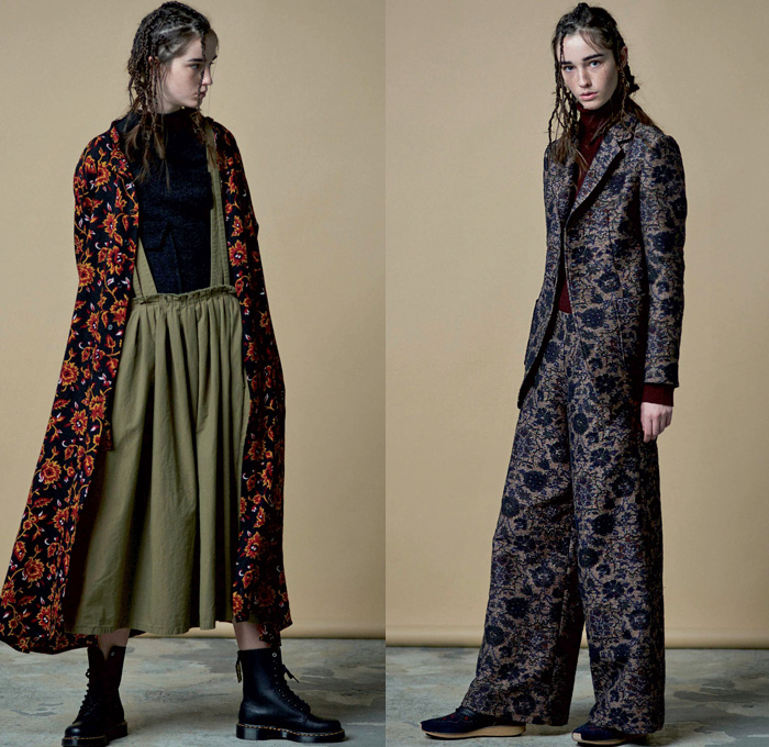 Y's Yohji Yamamoto 2016-2017 Fall Autumn Winter Womens Lookbook Presentation - Paris Fashion Week Mode à Paris France - Frayed Raw Hem Denim Jeans Patchwork Flowers Floral Russian Upholstery Jacquard Wide Leg Trousers Palazzo Pants Culottes Outerwear Trench Coat Blouse Long Sleeve Onesie Jumpsuit Coveralls Bib Brace Knit Sweater Jumper Boots Pinafore Dress Pantsuit Blazer Mesh