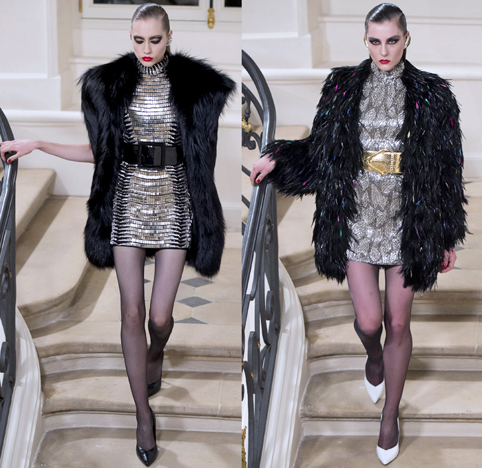 Saint Laurent 2016-2017 Fall Autumn Winter Womens Runway Catwalk Collection Looks - Paris Fashion Week Mode à Paris France - 1980s Eighties Glam Rock Leg-of-Mutton Balloon Sleeves Wide Pilgrim Belt Embroidery Bedazzled Jewels Metallic Studs Sequins One Off Shoulder Ruffles Strapless Snake Pointed Shoulders Geometric Silk Satin Sheer Chiffon Tulle Coat Furry Gown Eveningwear Tiered Dots Motorcycle Biker Grommet Feathers