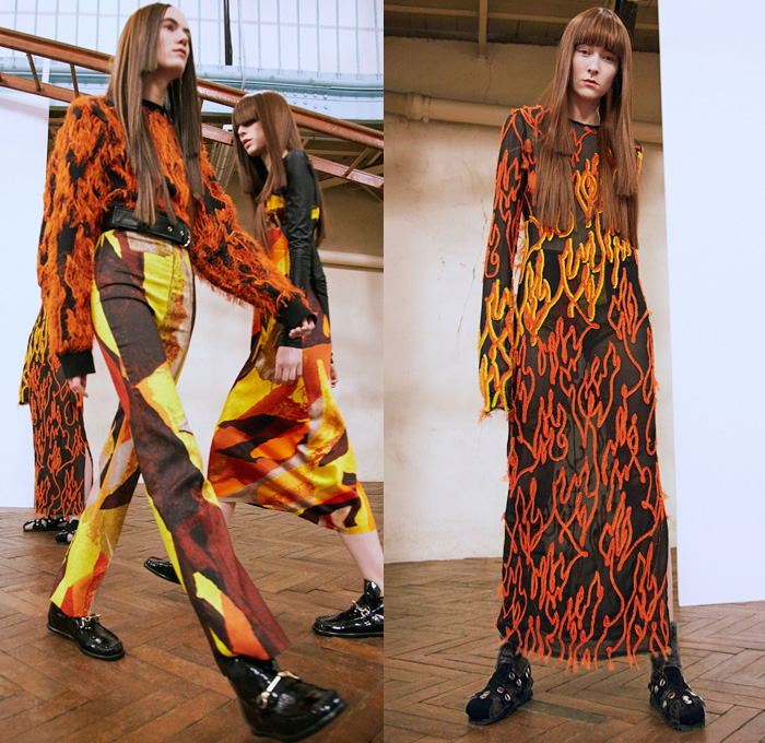 Acne Studios 2016 Pre Fall Autumn Womens Lookbook Presentation - Denim Jeans Embroidery Retro Shearling Fringes Frayed Raw Hem Plaid Abstract Knit Sweater Jumper Flames Star Maxi Dress Sheer Chiffon Boots Reptile Snake Clogs Wrap Tie Up Shawl Hotpants Miniskirt Oversized Outerwear Coat Coatdress Patchwork Paint Wool Handbag Sling Pack Backpack Wide Leg Trousers Palazzo Pants Pinstripe Jacket Sash Waist
