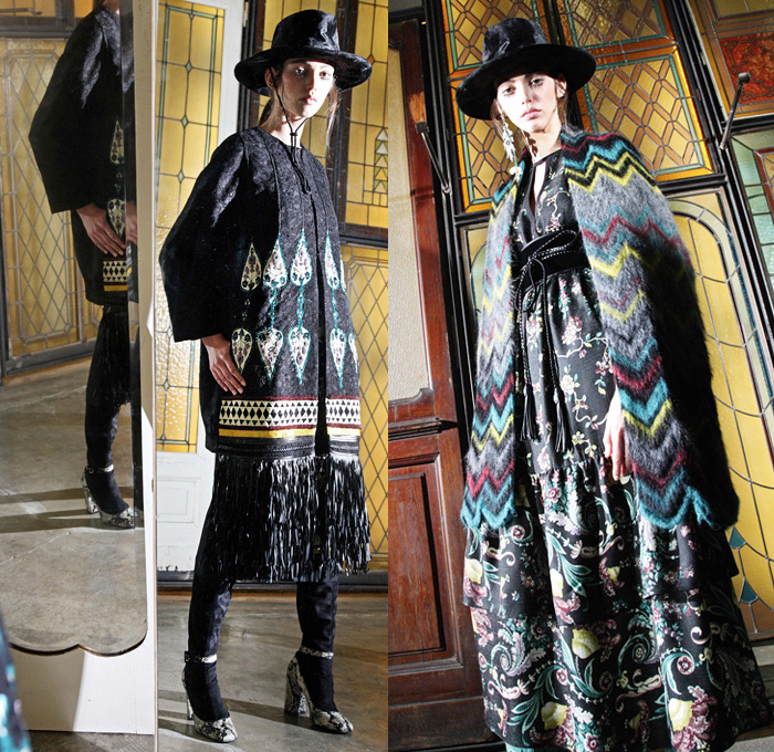 Antonio Marras 2016 Pre Fall Autumn Womens Lookbook Presentation - The Shining Tapestry Embroidery Lace Flowers Floral Botanical Print Motif Ornamental Ethnic Folk Silk Satin Skirt Frock Blouse Maxi Dress Coat Hat Fringes Furry Zigzag Turtleneck Knit Sweater Cardigan Pantsuit Blazer Jacket Onesie Jumpsuit Pussycat Bow Check Vestdress Waistcoat Ruffles Accordion Pleats Jacquard Paisley Sheer Chiffon Handbag