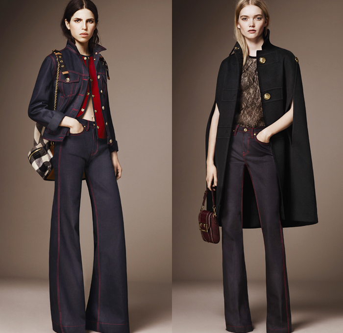 Burberry 2016 Pre Fall Autumn Womens Lookbook Presentation - 1970s Seventies Flare Bell Bottom Denim Jeans Contrast Stitching Wide Leg Trousers Palazzo Pants Bomber Jacket Oversized Outerwear Trench Coat Puffer Parka Cape Poncho Hanging Sleeve Marching Band Military Nautical Army Surplus Shearling Duffle Fox Raccoon Blouse Check Gold Buttons Sheer Chiffon Furry Crochet Knit Fringes Maxi Dress Vines Flowers Pleats Sequins