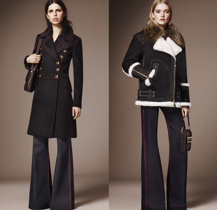 Burberry 2016 Pre Fall Autumn Womens Lookbook Presentation - 1970s Seventies Flare Bell Bottom Denim Jeans Contrast Stitching Wide Leg Trousers Palazzo Pants Bomber Jacket Oversized Outerwear Trench Coat Puffer Parka Cape Poncho Hanging Sleeve Marching Band Military Nautical Army Surplus Shearling Duffle Fox Raccoon Blouse Check Gold Buttons Sheer Chiffon Furry Crochet Knit Fringes Maxi Dress Vines Flowers Pleats Sequins