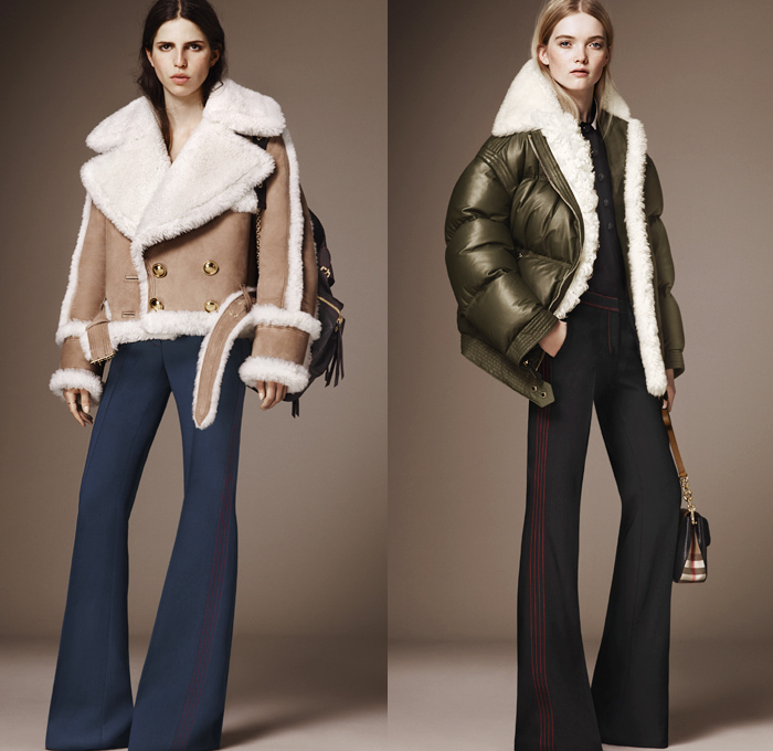 Burberry 2016 Pre Fall Autumn Womens Lookbook Presentation - 1970s Seventies Flare Bell Bottom Denim Jeans Contrast Stitching Wide Leg Trousers Palazzo Pants Bomber Jacket Oversized Outerwear Trench Coat Puffer Parka Cape Poncho Hanging Sleeve Marching Band Military Nautical Army Surplus Shearling Duffle Fox Raccoon Blouse Check Gold Buttons Sheer Chiffon Furry Crochet Knit Fringes Maxi Dress Vines Flowers Pleats Sequins