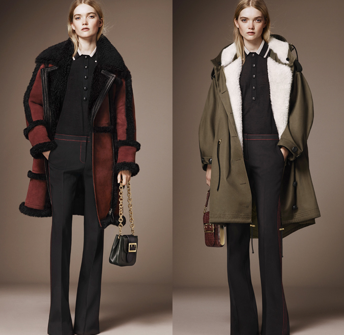 Burberry 2016 Pre Fall Autumn Womens Lookbook Presentation - 1970s Seventies Flare Bell Bottom Denim Jeans Contrast Stitching Wide Leg Trousers Palazzo Pants Bomber Jacket Oversized Outerwear Trench Coat Puffer Parka Cape Poncho Hanging Sleeve Marching Band Military Nautical Army Surplus Shearling Duffle Fox Raccoon Blouse Check Gold Buttons Sheer Chiffon Furry Crochet Knit Fringes Maxi Dress Vines Flowers Pleats Sequins