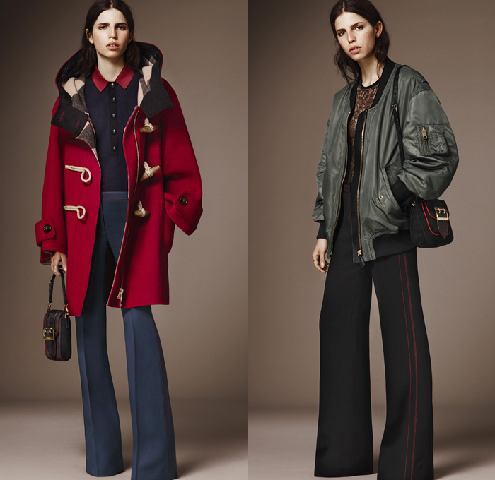 Burberry 2016 Pre Fall Autumn Womens Lookbook Presentation - 1970s Seventies Flare Bell Bottom Denim Jeans Contrast Stitching Wide Leg Trousers Palazzo Pants Bomber Jacket Oversized Outerwear Trench Coat Puffer Parka Cape Poncho Hanging Sleeve Marching Band Military Nautical Army Surplus Shearling Duffle Fox Raccoon Blouse Check Gold Buttons Sheer Chiffon Furry Crochet Knit Fringes Maxi Dress Vines Flowers Pleats Sequins