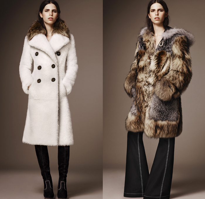 Burberry 2016 Pre Fall Autumn Womens Lookbook Presentation - 1970s Seventies Flare Bell Bottom Denim Jeans Contrast Stitching Wide Leg Trousers Palazzo Pants Bomber Jacket Oversized Outerwear Trench Coat Puffer Parka Cape Poncho Hanging Sleeve Marching Band Military Nautical Army Surplus Shearling Duffle Fox Raccoon Blouse Check Gold Buttons Sheer Chiffon Furry Crochet Knit Fringes Maxi Dress Vines Flowers Pleats Sequins