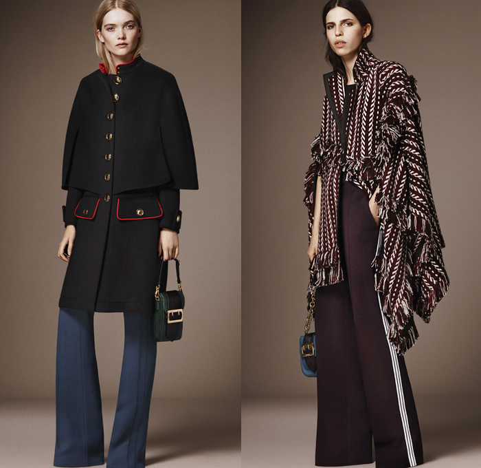 Burberry 2016 Pre Fall Autumn Womens Lookbook Presentation - 1970s Seventies Flare Bell Bottom Denim Jeans Contrast Stitching Wide Leg Trousers Palazzo Pants Bomber Jacket Oversized Outerwear Trench Coat Puffer Parka Cape Poncho Hanging Sleeve Marching Band Military Nautical Army Surplus Shearling Duffle Fox Raccoon Blouse Check Gold Buttons Sheer Chiffon Furry Crochet Knit Fringes Maxi Dress Vines Flowers Pleats Sequins