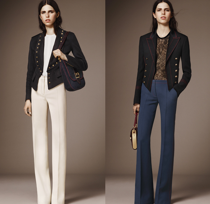 Burberry 2016 Pre Fall Autumn Womens Lookbook Presentation - 1970s Seventies Flare Bell Bottom Denim Jeans Contrast Stitching Wide Leg Trousers Palazzo Pants Bomber Jacket Oversized Outerwear Trench Coat Puffer Parka Cape Poncho Hanging Sleeve Marching Band Military Nautical Army Surplus Shearling Duffle Fox Raccoon Blouse Check Gold Buttons Sheer Chiffon Furry Crochet Knit Fringes Maxi Dress Vines Flowers Pleats Sequins