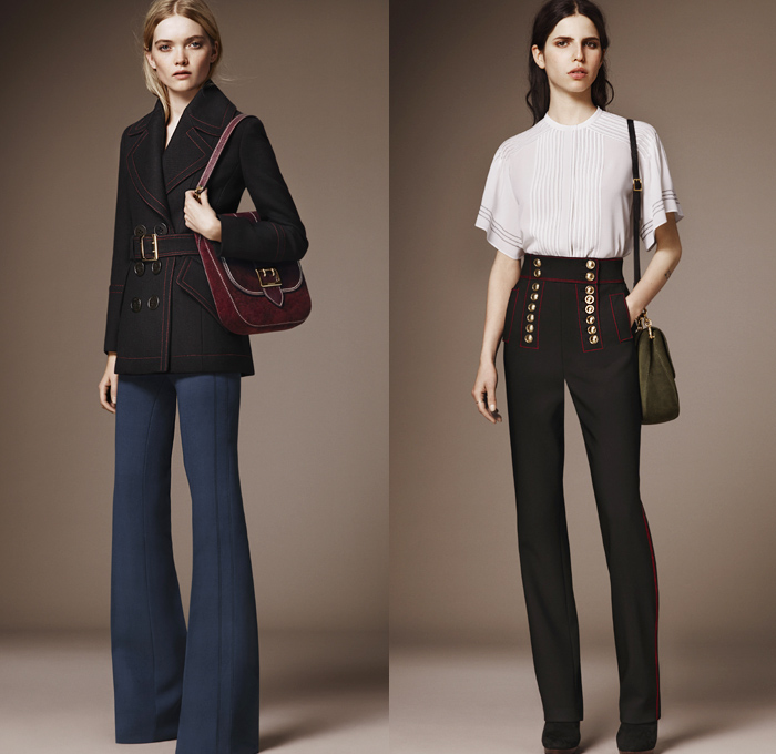 Burberry 2016 Pre Fall Autumn Womens Lookbook Presentation - 1970s Seventies Flare Bell Bottom Denim Jeans Contrast Stitching Wide Leg Trousers Palazzo Pants Bomber Jacket Oversized Outerwear Trench Coat Puffer Parka Cape Poncho Hanging Sleeve Marching Band Military Nautical Army Surplus Shearling Duffle Fox Raccoon Blouse Check Gold Buttons Sheer Chiffon Furry Crochet Knit Fringes Maxi Dress Vines Flowers Pleats Sequins