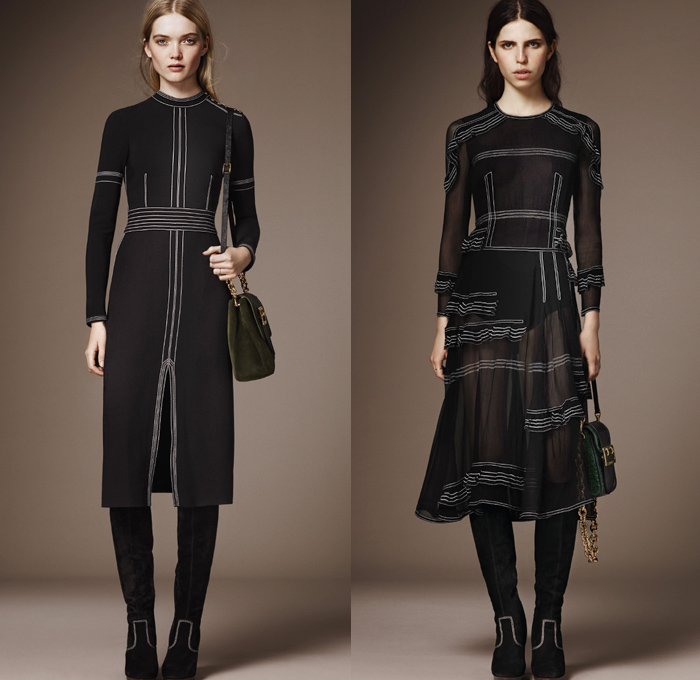 Burberry 2016 Pre Fall Autumn Womens Lookbook Presentation - 1970s Seventies Flare Bell Bottom Denim Jeans Contrast Stitching Wide Leg Trousers Palazzo Pants Bomber Jacket Oversized Outerwear Trench Coat Puffer Parka Cape Poncho Hanging Sleeve Marching Band Military Nautical Army Surplus Shearling Duffle Fox Raccoon Blouse Check Gold Buttons Sheer Chiffon Furry Crochet Knit Fringes Maxi Dress Vines Flowers Pleats Sequins