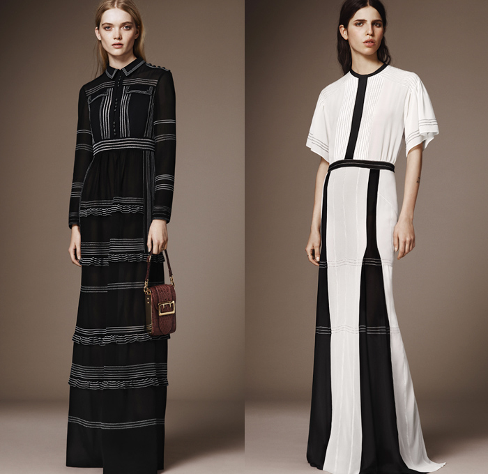 Burberry 2016 Pre Fall Autumn Womens Lookbook Presentation - 1970s Seventies Flare Bell Bottom Denim Jeans Contrast Stitching Wide Leg Trousers Palazzo Pants Bomber Jacket Oversized Outerwear Trench Coat Puffer Parka Cape Poncho Hanging Sleeve Marching Band Military Nautical Army Surplus Shearling Duffle Fox Raccoon Blouse Check Gold Buttons Sheer Chiffon Furry Crochet Knit Fringes Maxi Dress Vines Flowers Pleats Sequins