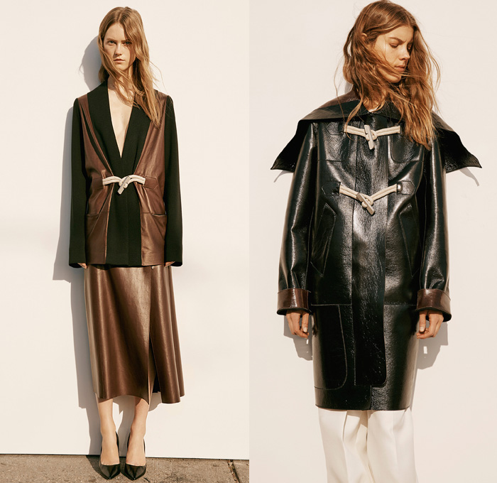 Calvin Klein Collection	2016 Pre Fall Autumn Womens Lookbook Presentation - Sleek Outerwear Long Trench Coat Jacket Blazer Pantsuit Furry Plush Leather Skirt Frock Wrap Nautical Arm Warmers Zipper Strap Crop Top Midriff Wide Leg Trousers Palazzo Pants Reptile Snake Spotted Moto Motorcycle Biker Bag Purse Clutch 