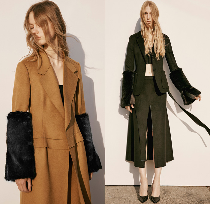 Calvin Klein Collection	2016 Pre Fall Autumn Womens Lookbook Presentation - Sleek Outerwear Long Trench Coat Jacket Blazer Pantsuit Furry Plush Leather Skirt Frock Wrap Nautical Arm Warmers Zipper Strap Crop Top Midriff Wide Leg Trousers Palazzo Pants Reptile Snake Spotted Moto Motorcycle Biker Bag Purse Clutch 